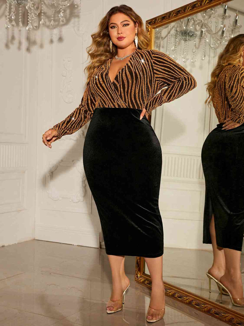 Plus Size Surplice Neck Long Sleeve Slit Dress - Brenlee The  Boutique 