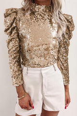 Sequin Mock Neck Leg-Of-Mutton Sleeve Top - Brenlee The  Boutique 