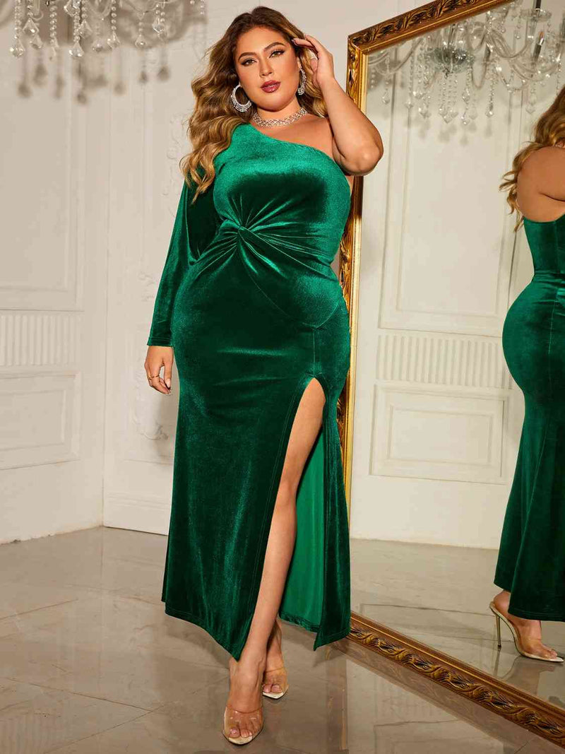 Plus Size One-Shoulder Twisted Split Dress - Brenlee The  Boutique 