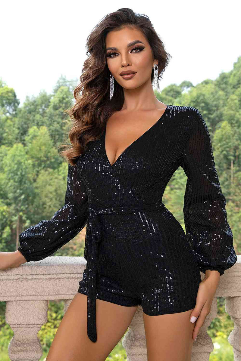 Sequin Tie Waist Long Sleeve Romper - Brenlee The  Boutique 