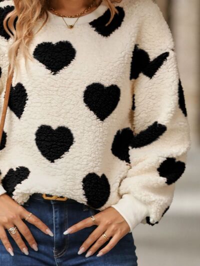 Fuzzy Heart Dropped Shoulder Sweatshirt - Brenlee The  Boutique 