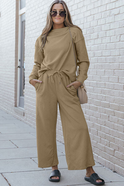 Double Take Full Size Textured Long Sleeve Top and Drawstring Pants Set - Brenlee The  Boutique 