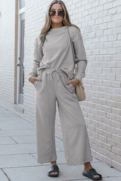 Double Take Full Size Textured Long Sleeve Top and Drawstring Pants Set - Brenlee The  Boutique 