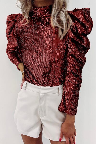 Sequin Mock Neck Leg-Of-Mutton Sleeve Top - Brenlee The  Boutique 