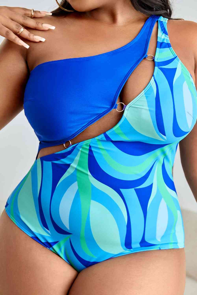 Plus Size Printed Ring Detail One-Shoulder One-Piece Swimsuit - Brenlee The  Boutique 