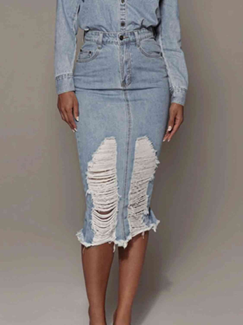 Distressed Slit Denim Skirt - Brenlee The  Boutique 