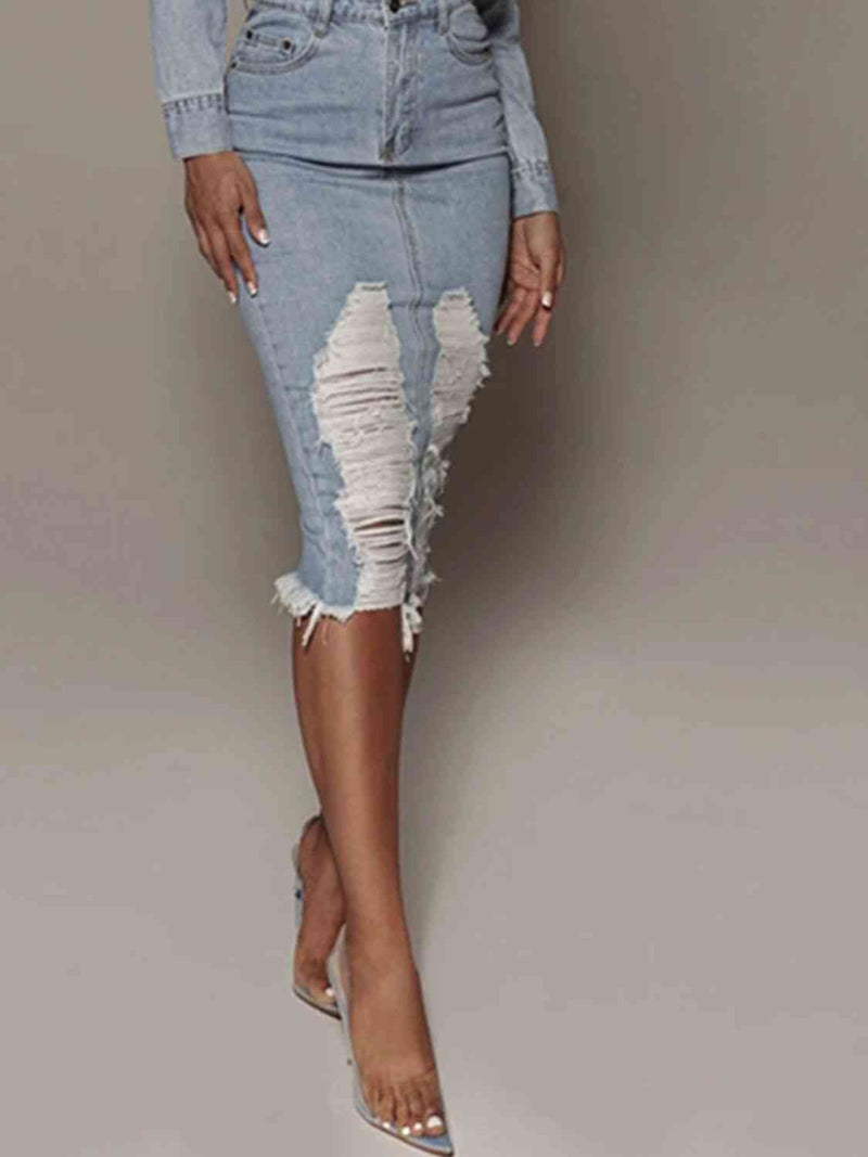 Distressed Slit Denim Skirt - Brenlee The  Boutique 