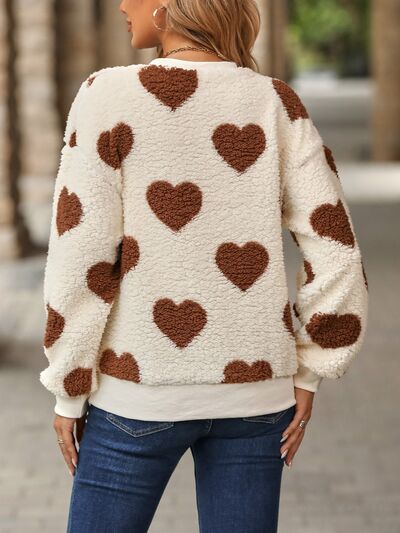 Fuzzy Heart Dropped Shoulder Sweatshirt - Brenlee The  Boutique 