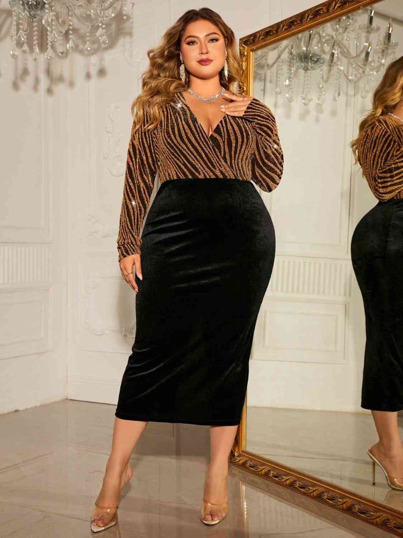 Plus Size Surplice Neck Long Sleeve Slit Dress - Brenlee The  Boutique 